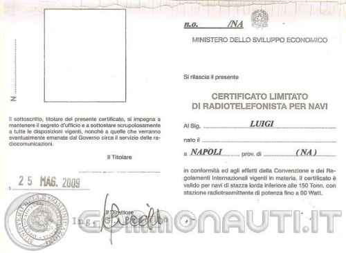 VHF - Licenza radiotelegrafista e certificato omologazione apparecchio