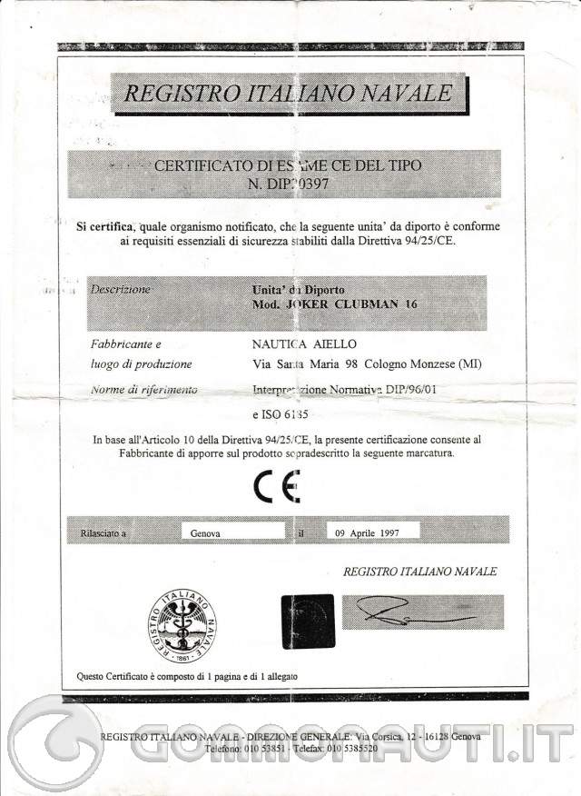 re: Joker Clubman 17 - Dichiarazione di conformit� e certificato di omologazione
