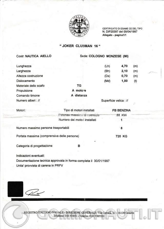 re: Joker Clubman 17 - Dichiarazione di conformit� e certificato di omologazione