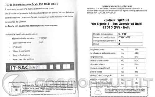 Copia targhetta e certificato CE - Sacs 490