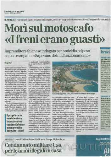 Articolo Giornale di Vicenza (Mori sul motoscafo " I freni erano guasti")